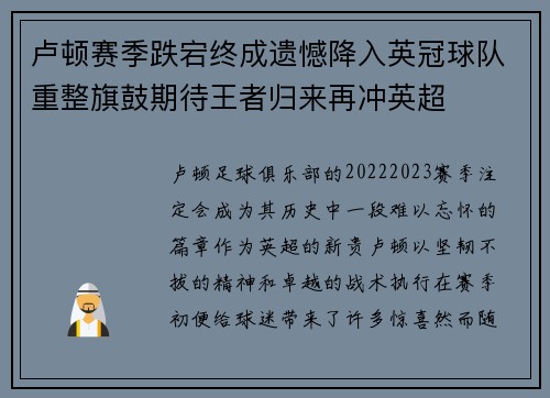卢顿赛季跌宕终成遗憾降入英冠球队重整旗鼓期待王者归来再冲英超 卢顿赛季跌宕终成遗憾降入英冠球队重整旗鼓期待王者归来再冲英超