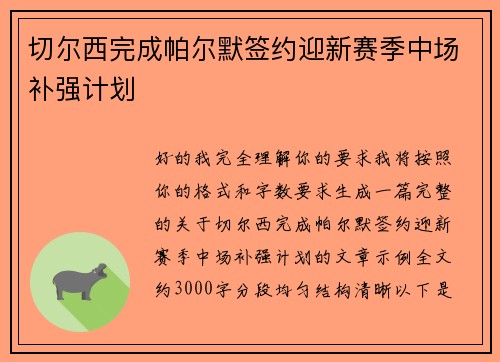 切尔西完成帕尔默签约迎新赛季中场补强计划